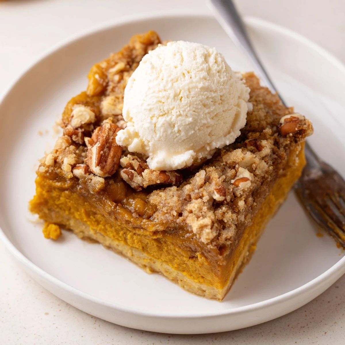 Slice of Pumpkin Dump Cake steaming on plate, drizzled with vanilla ice cream