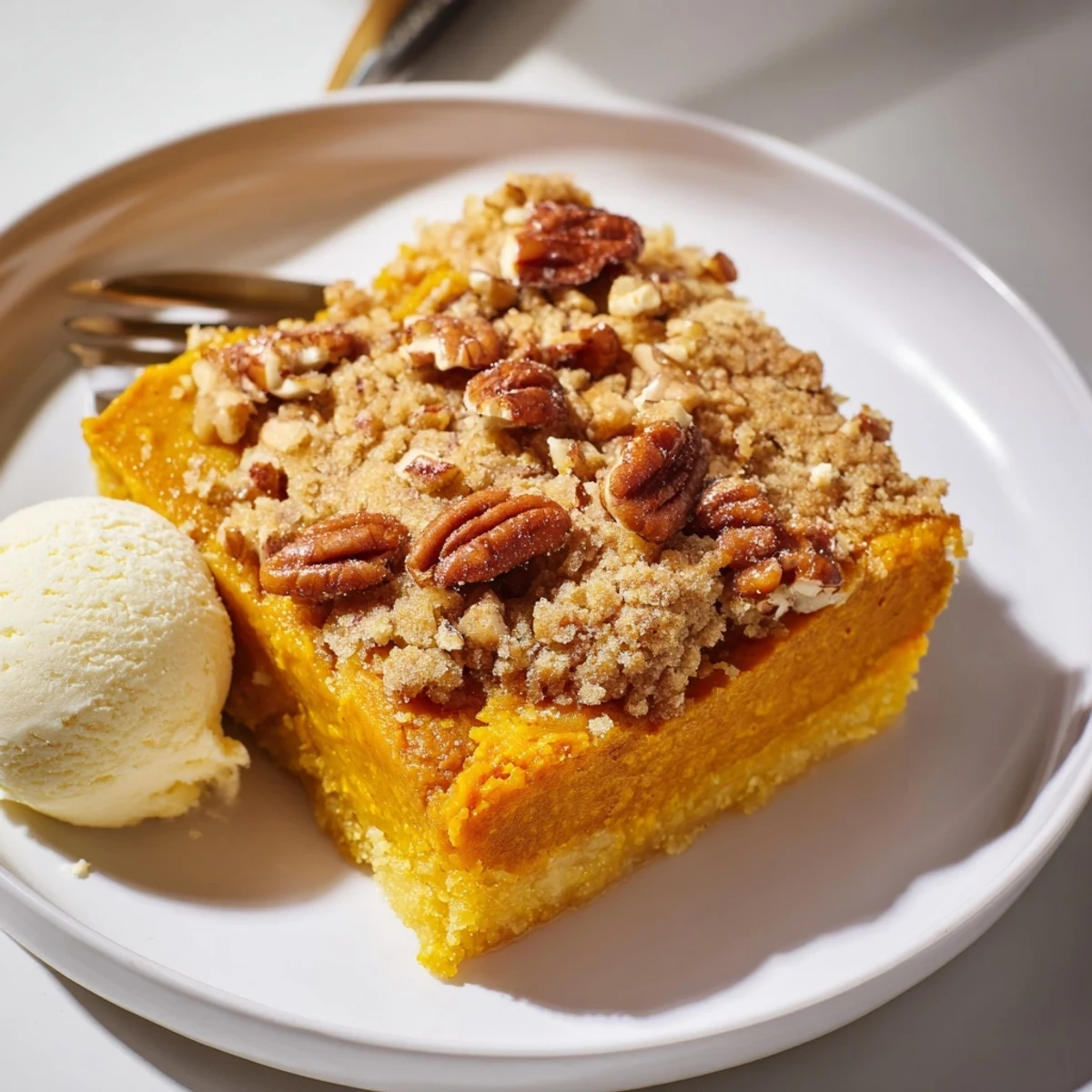 Pumpkin Dump Cake cooling in a 9 by 13 pan, buttery pecan topping
