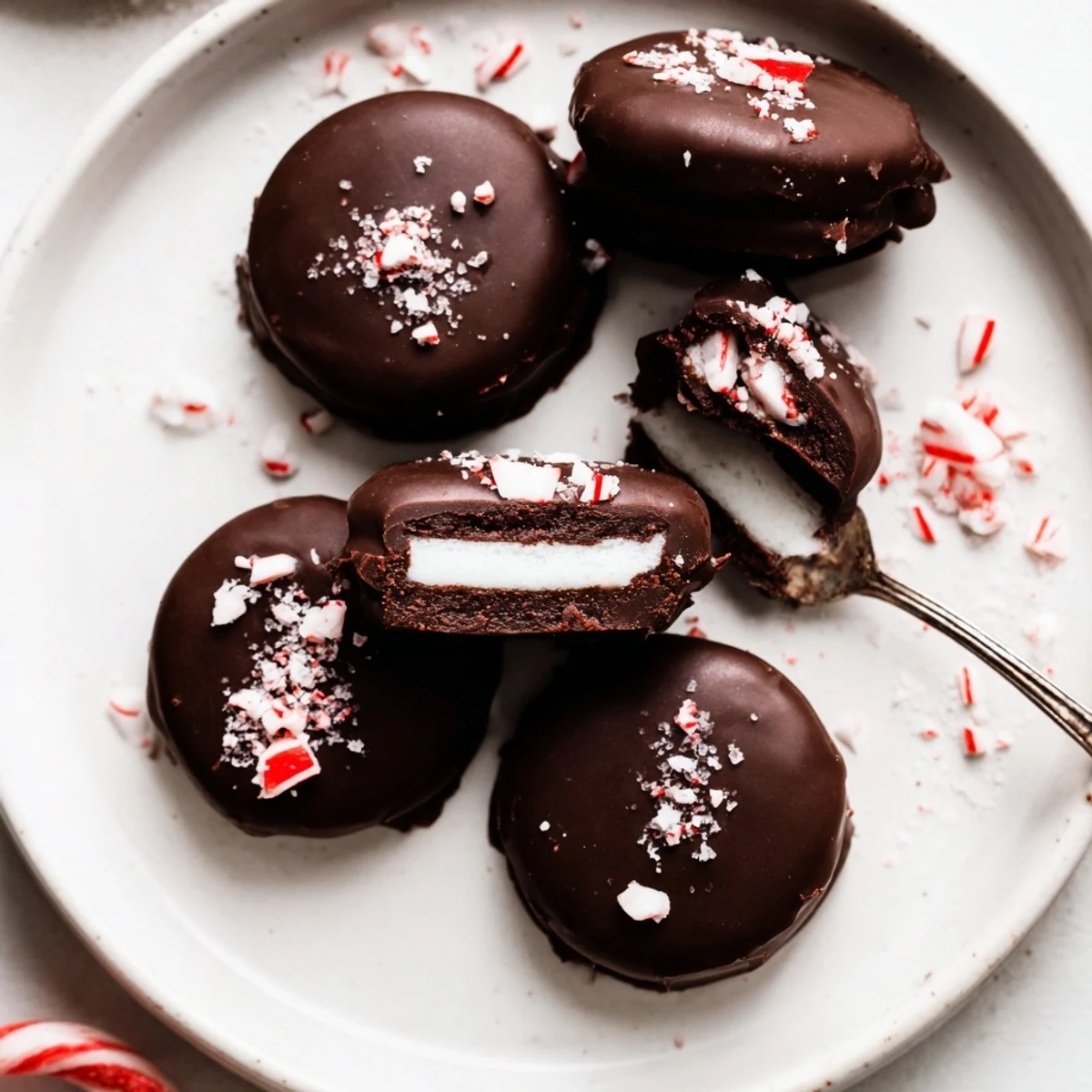 Peppermint Patties: glossy dark chocolate shells encasing cool mint filling, on parchment.