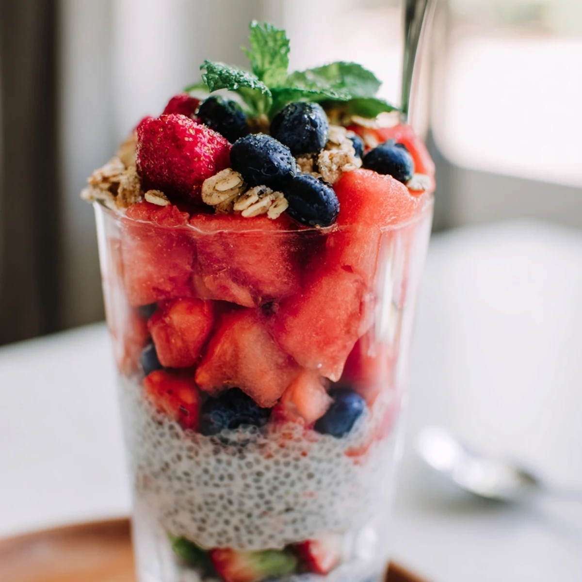 Refreshing watermelon chia parfait dessert with juicy fruit and crunchy granola topping