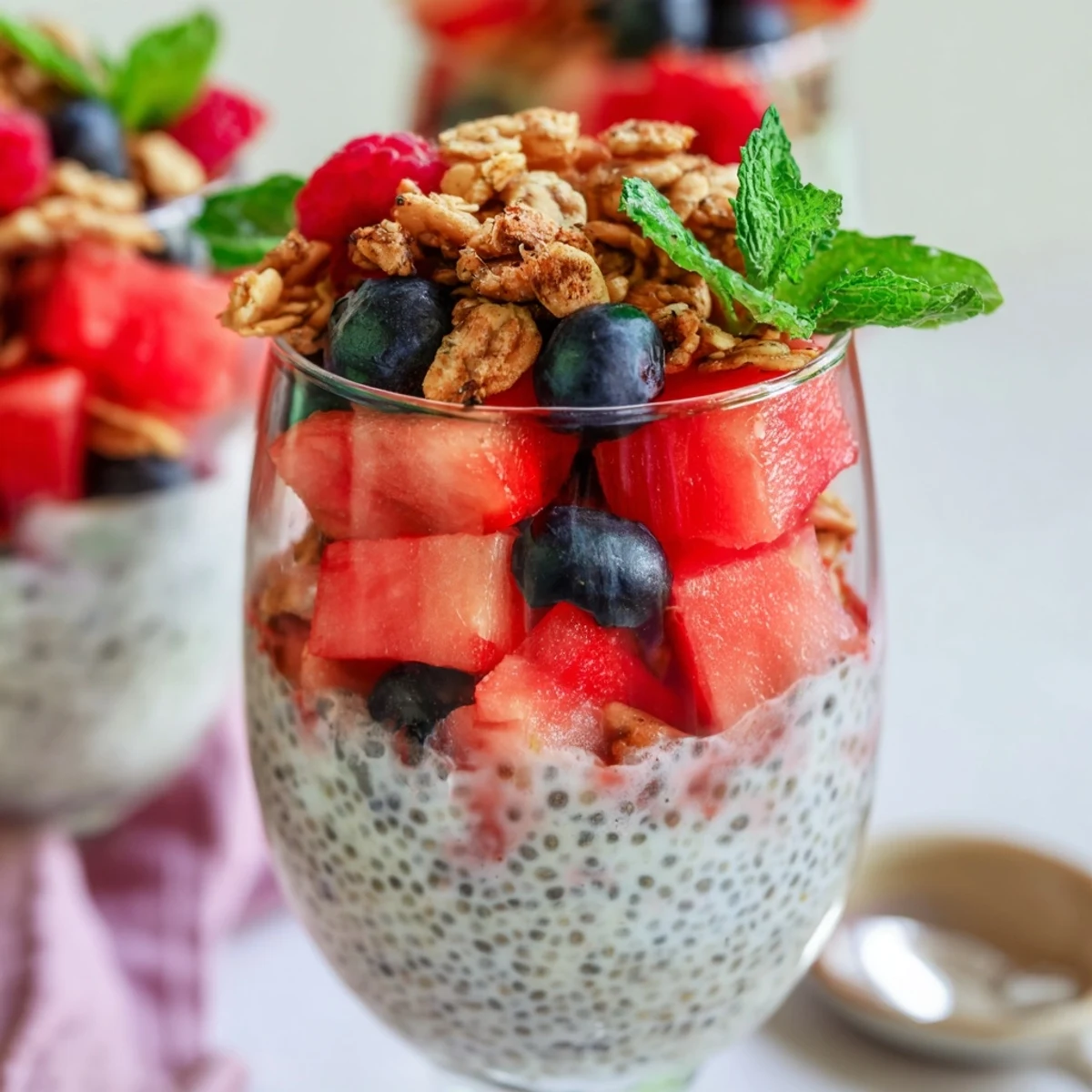 Glass jar of layered watermelon chia parfait with fresh berries and mint garnish
