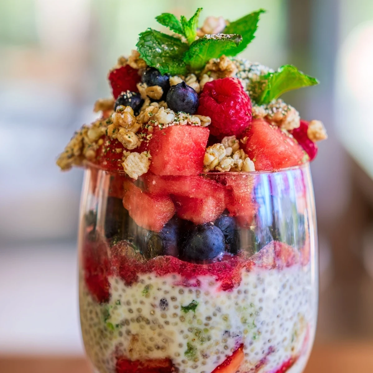 Vegan watermelon chia parfait in clear glass showing creamy chia and fresh watermelon layers
