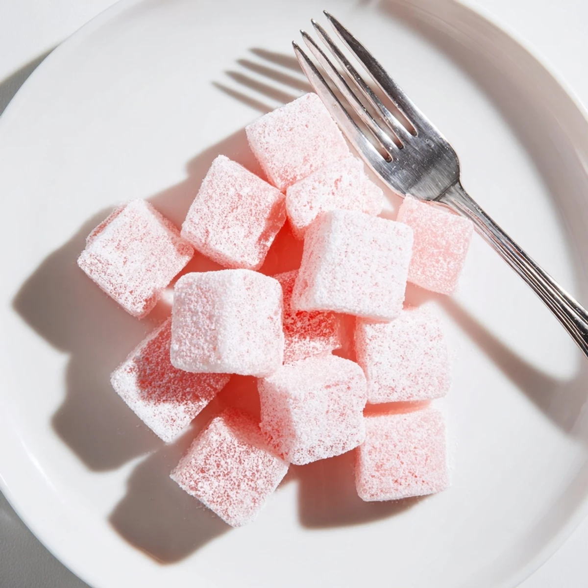 Chewy sour watermelon fruit chews coated in tangy citric sugar on white plate