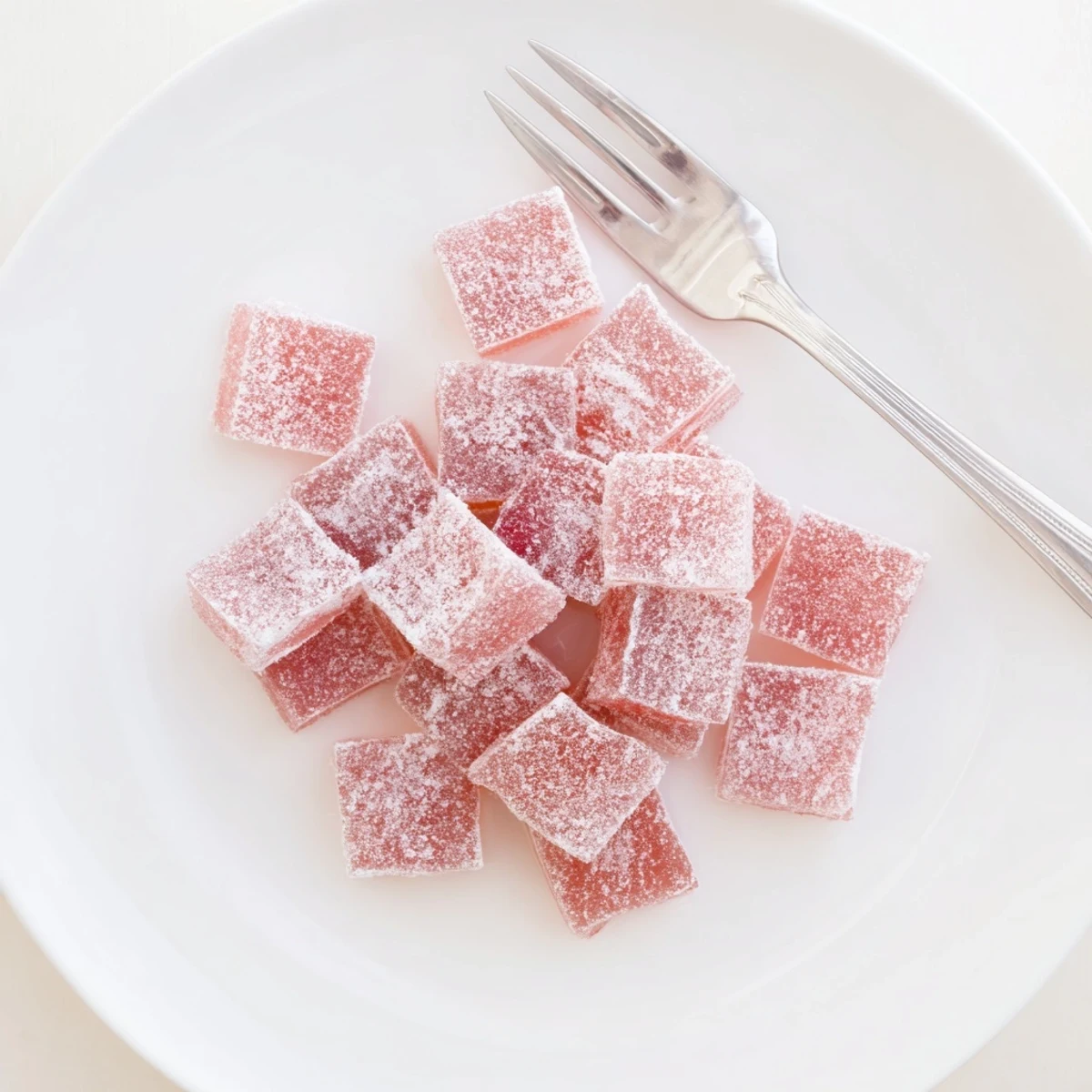 Bright pink watermelon candy squares dusted with sour sugar for snacking