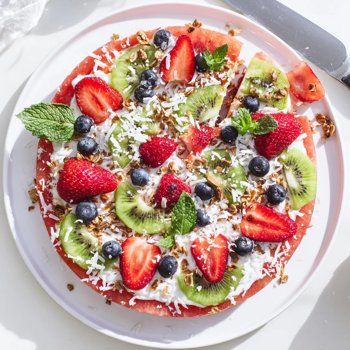 Watermelon pizza topped with Greek yogurt, fresh berries, kiwi and mint on a round slice
