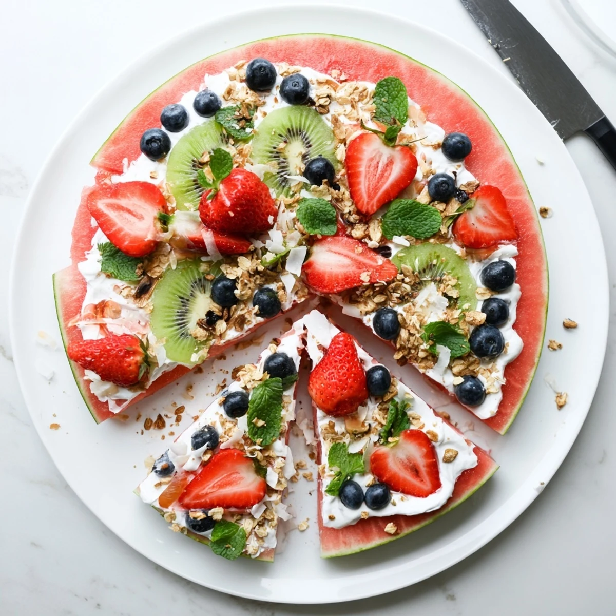 Vibrant watermelon pizza featuring creamy yogurt spread, colorful strawberries, blueberries and crunchy coconut garnish