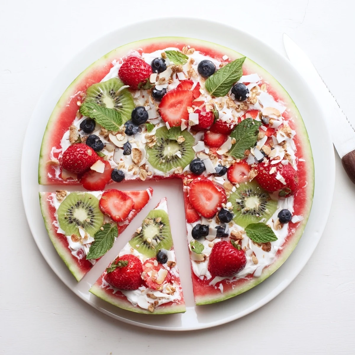 Refreshing summer watermelon pizza sliced into wedges with vanilla yogurt and assorted fresh fruit toppings