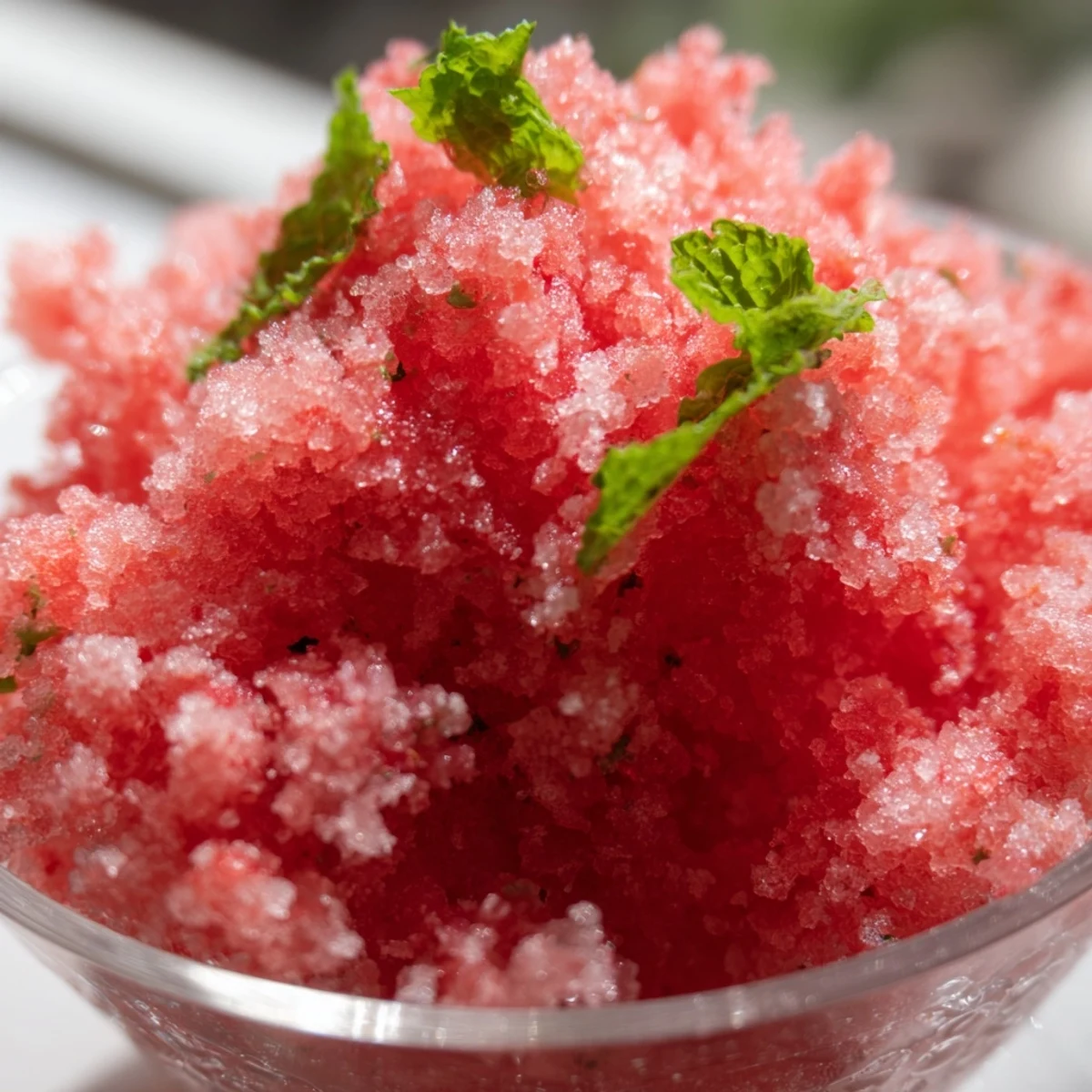 Fluffy pink watermelon granita served in chilled glasses with fresh mint garnish on a bright summer day