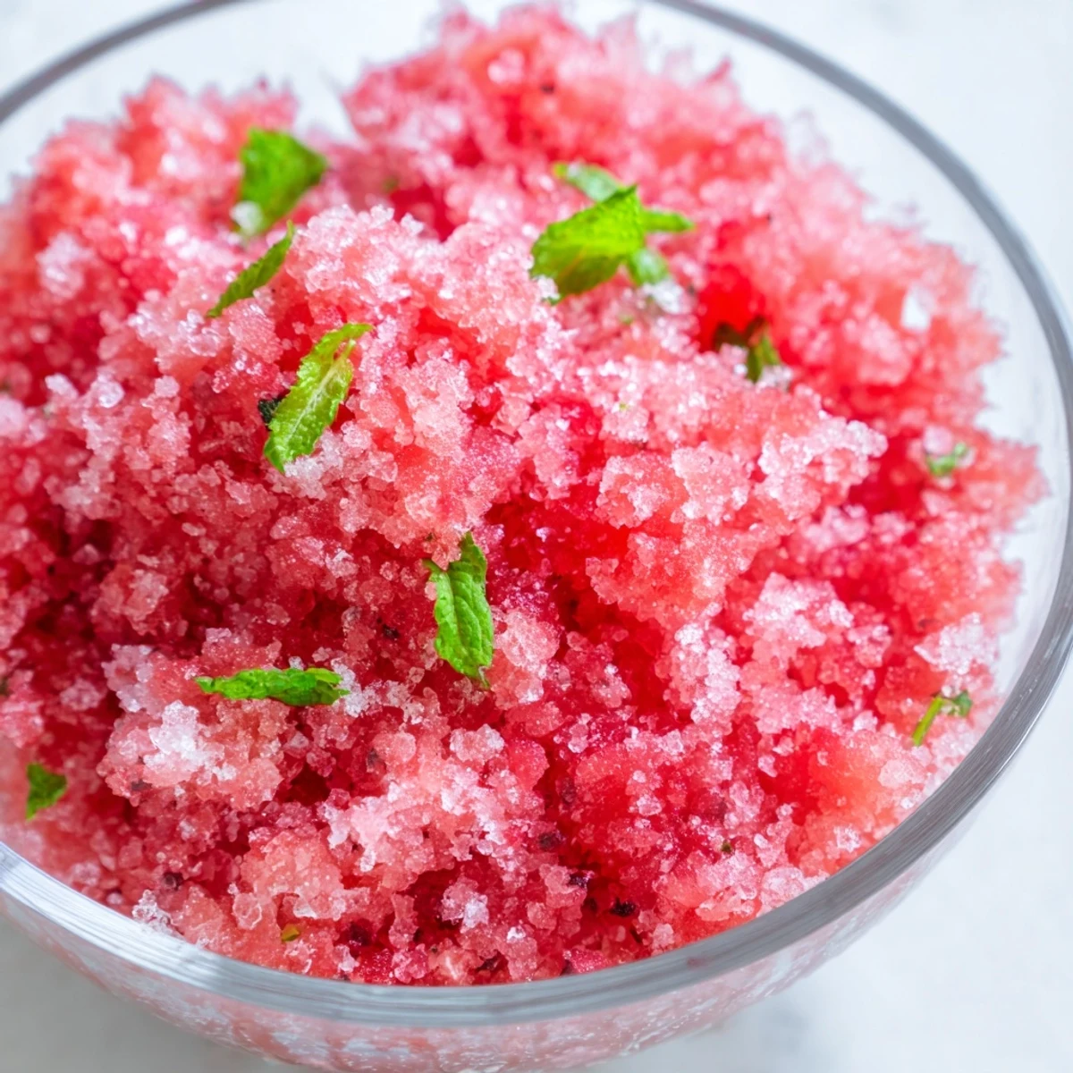 Rustic fork-scraped Italian watermelon granita displayed in a shallow dish with icy crystals and lime zest sprinkles