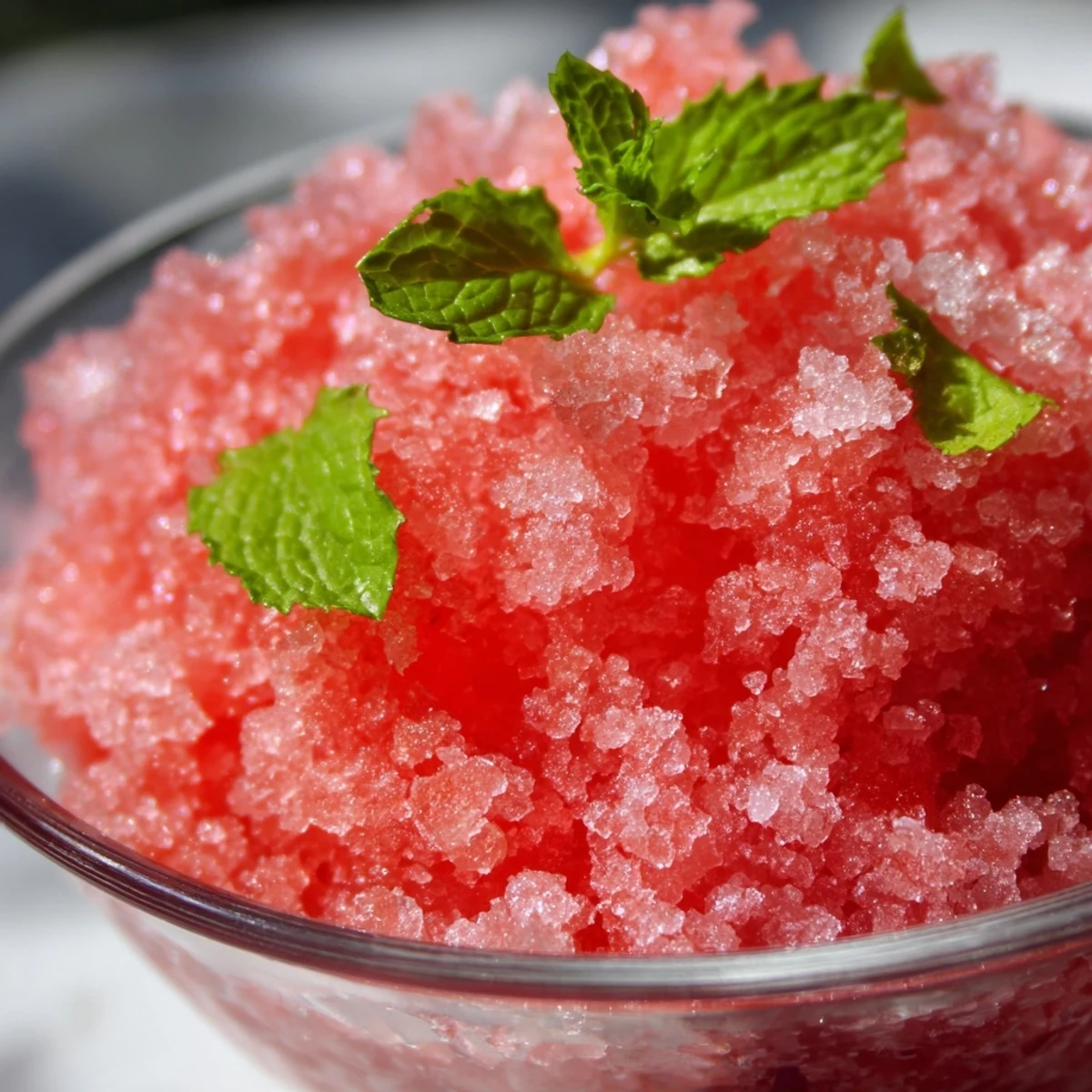 Refreshing pink watermelon granita dessert scooped into clear bowls showcasing light fluffy texture and vibrant color
