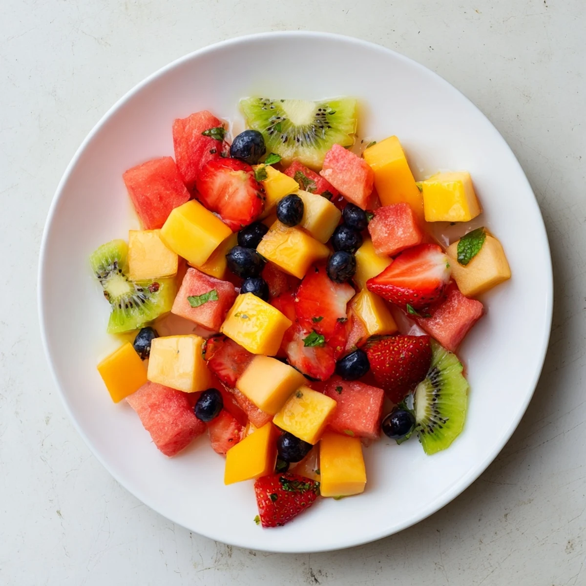 Fresh summer fruit salad bowl with watermelon, mango, strawberries, and blueberries tossed in citrus-mint syrup