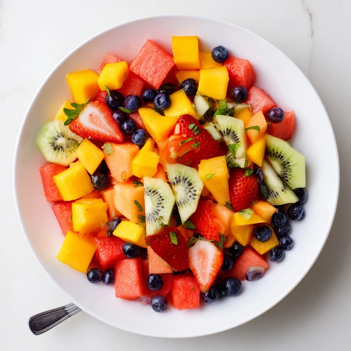 Colorful medley of juicy seasonal fruits drizzled with bright citrus-mint dressing for a refreshing summer dessert