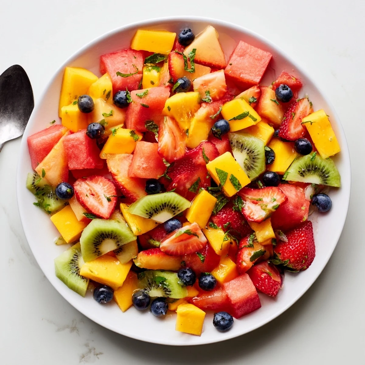 Vibrant bowl of ripe watermelon, cantaloupe, kiwi, and strawberries coated in zesty lime-orange syrup