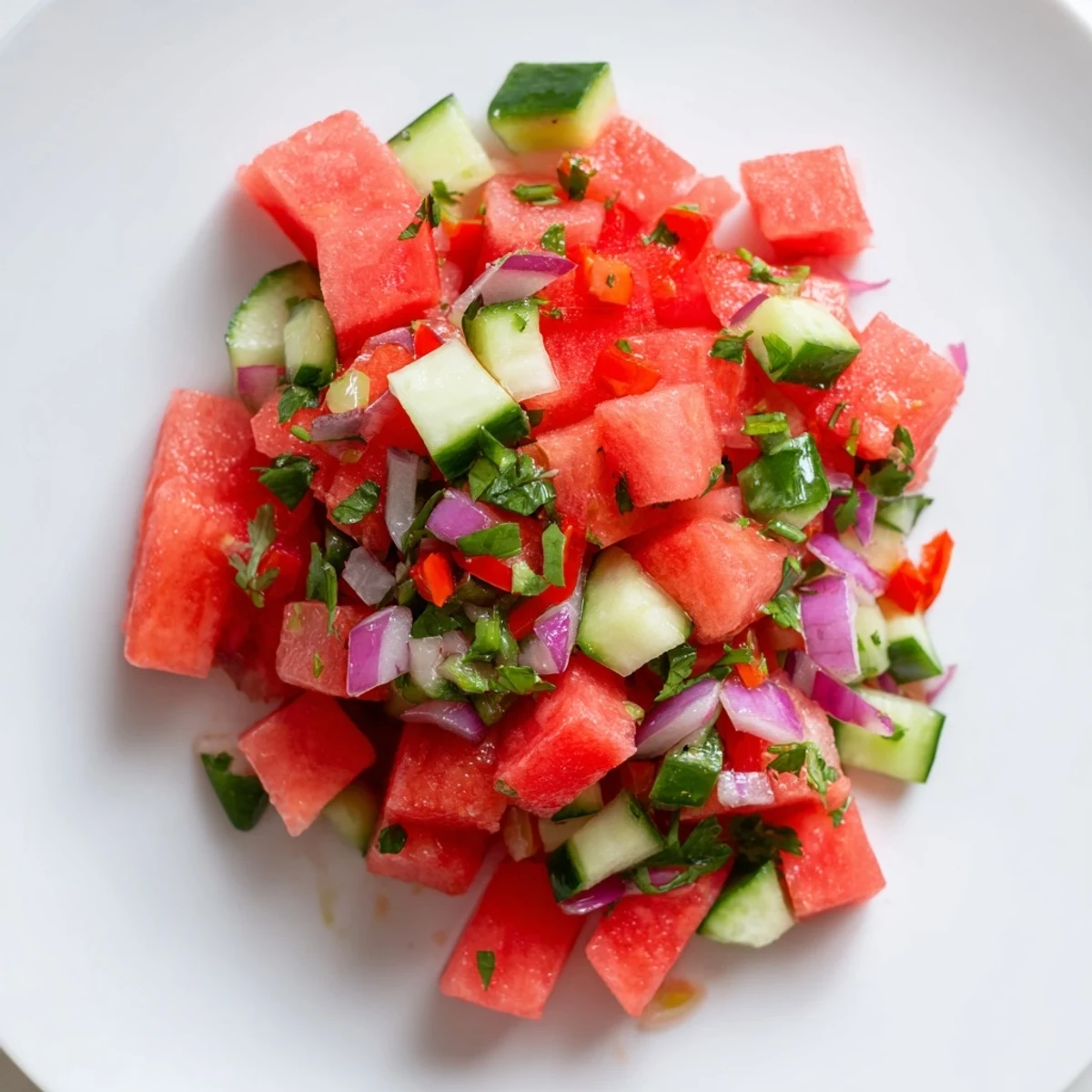 Fresh watermelon salsa with cucumber, cilantro and lime served beside warm cinnamon tortilla chips