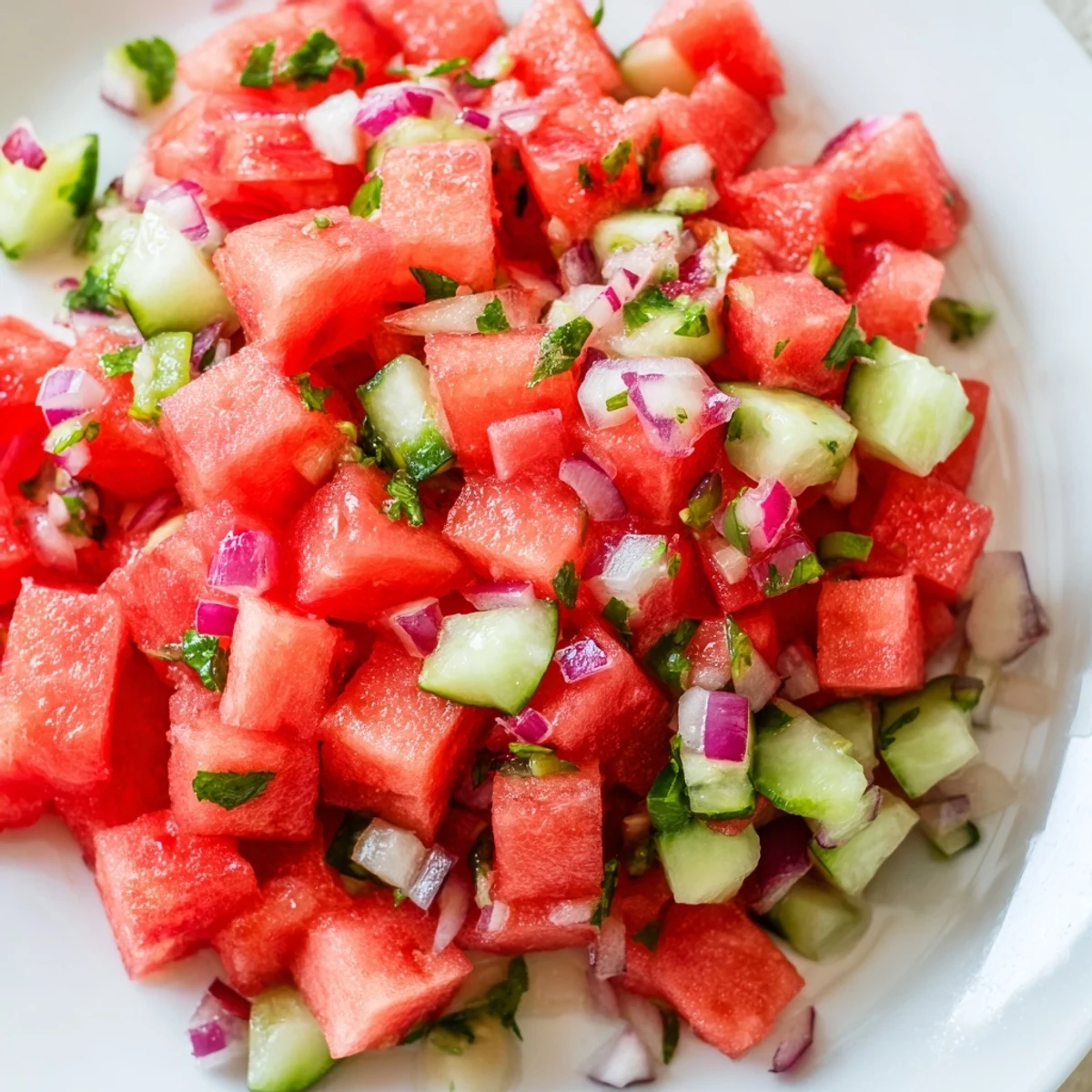 Colorful bowl of watermelon salsa featuring diced red melon, crisp vegetables and jalapeño spice