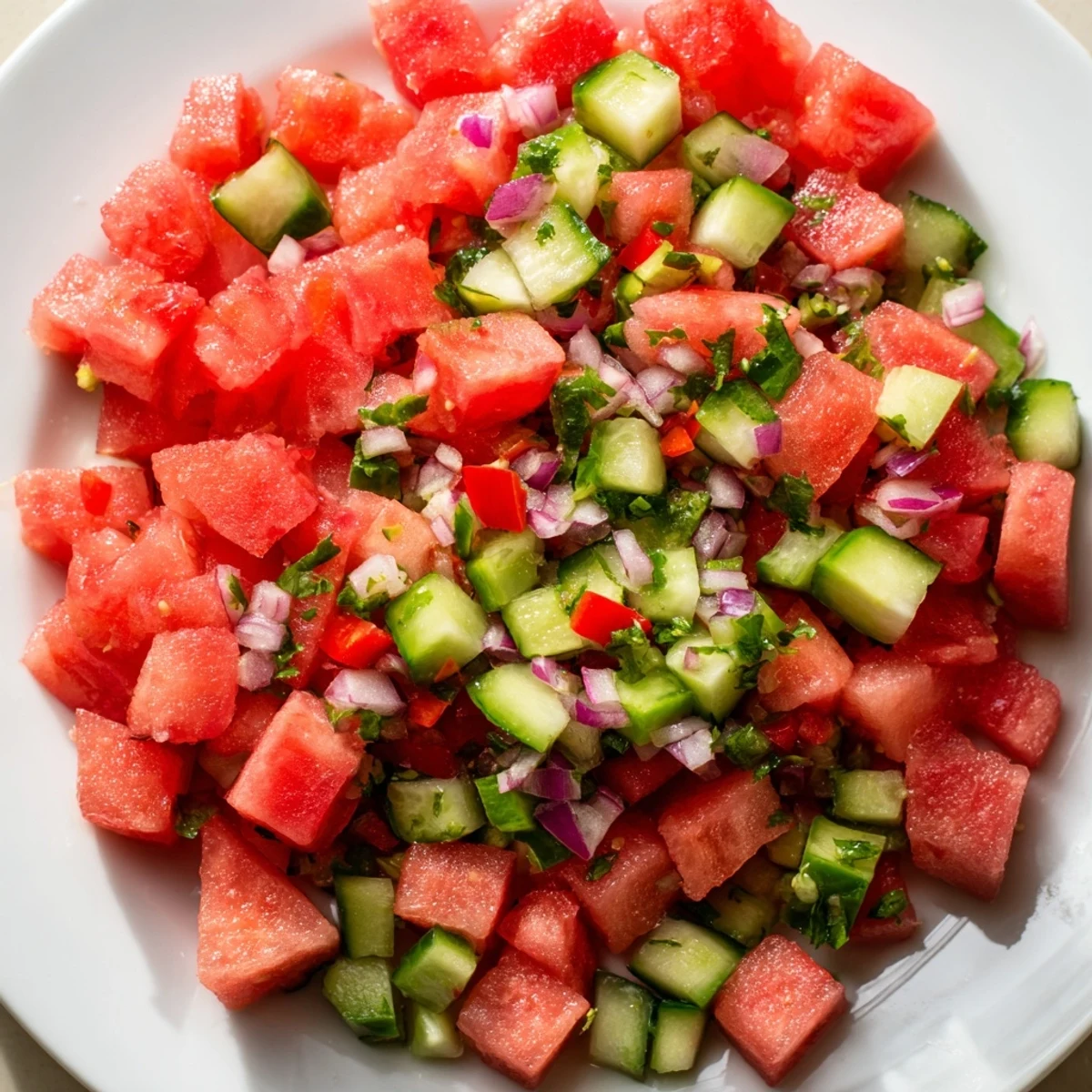 Golden cinnamon-sugar tortilla chips arranged next to juicy red watermelon salsa with fresh cilantro garnish
