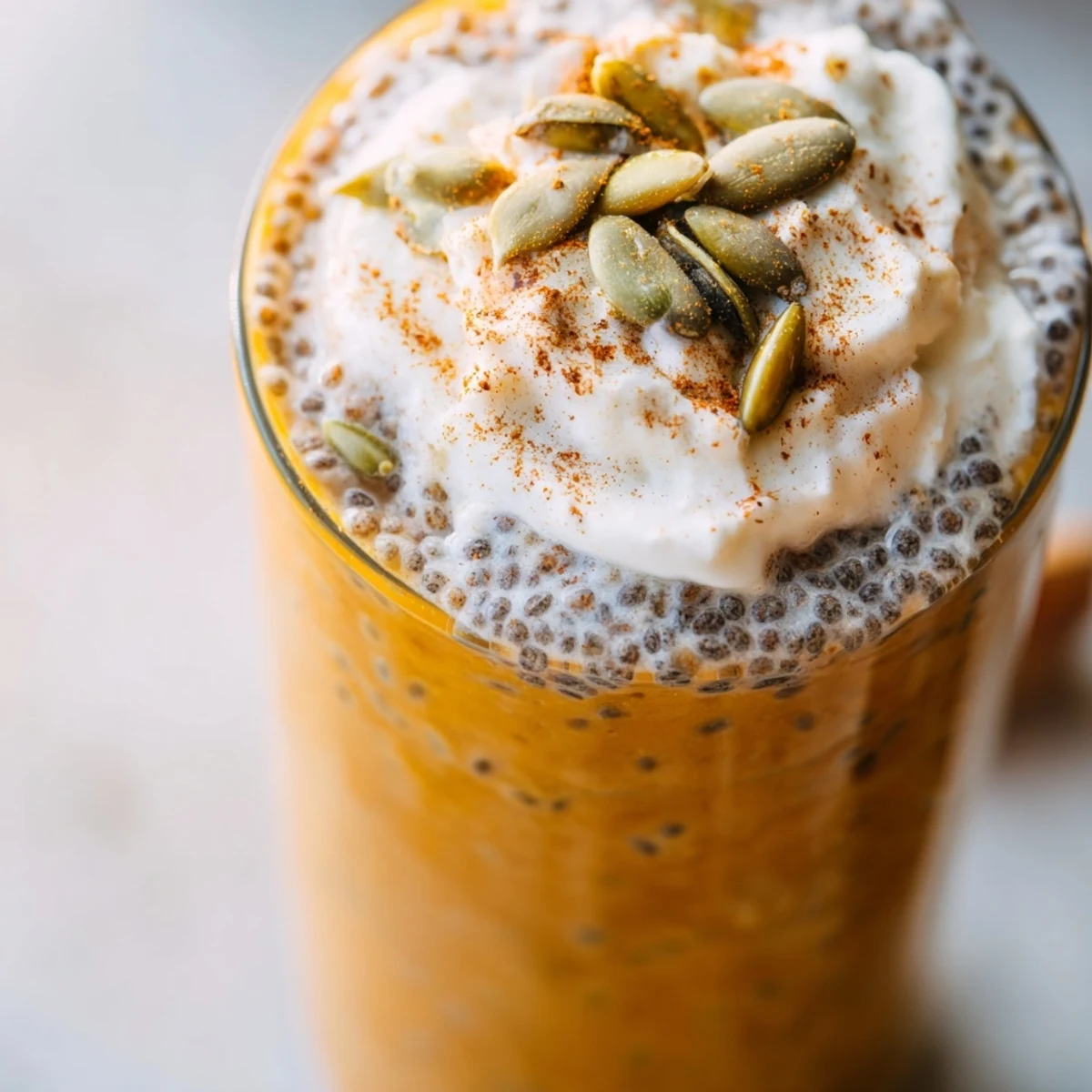 Glass of creamy pumpkin chia refreshment topped with whipped cream and pumpkin seeds