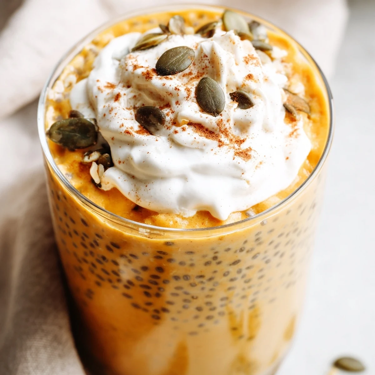 Chilled pumpkin chia drink with autumn spices dusted with cinnamon in clear glass
