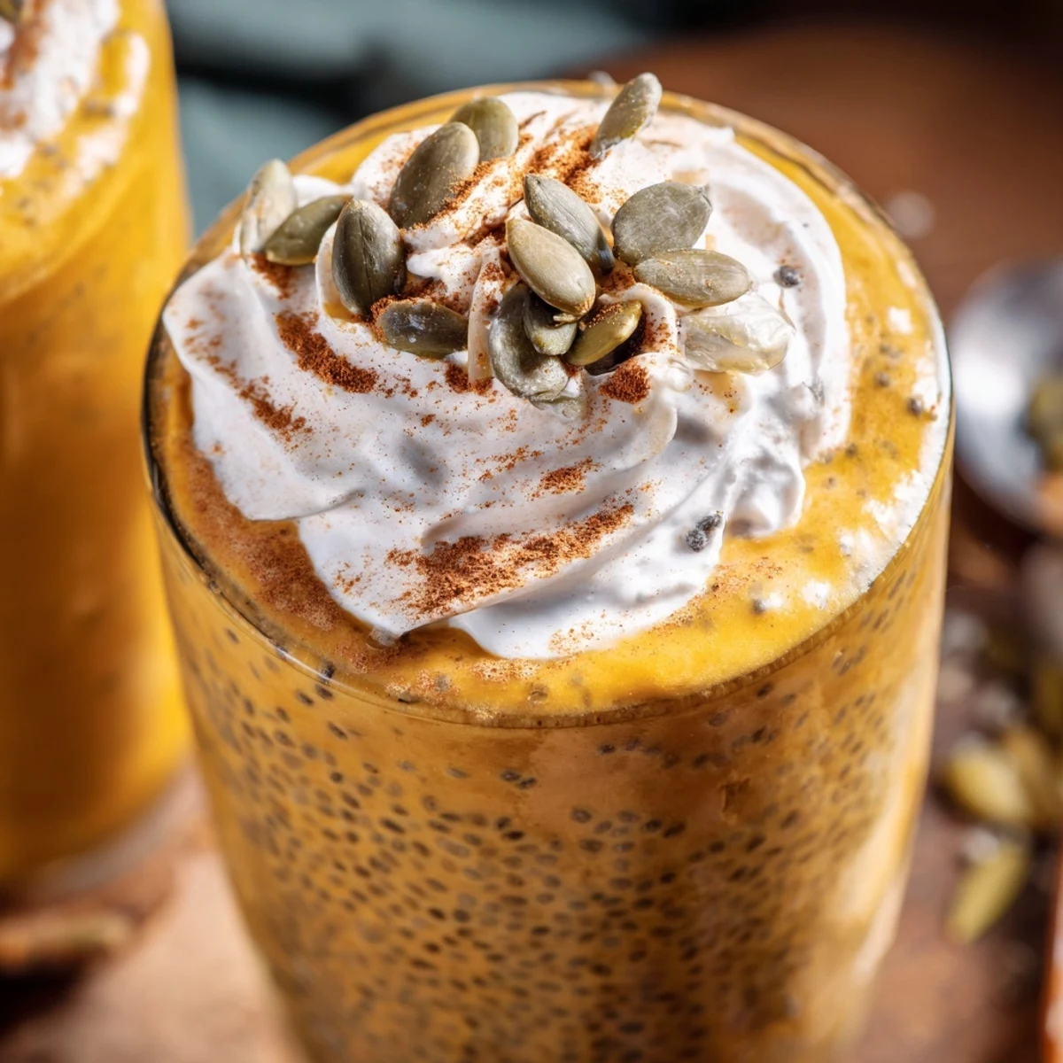 Silky pumpkin and chia seed beverage garnished with coconut cream and toasted seeds
