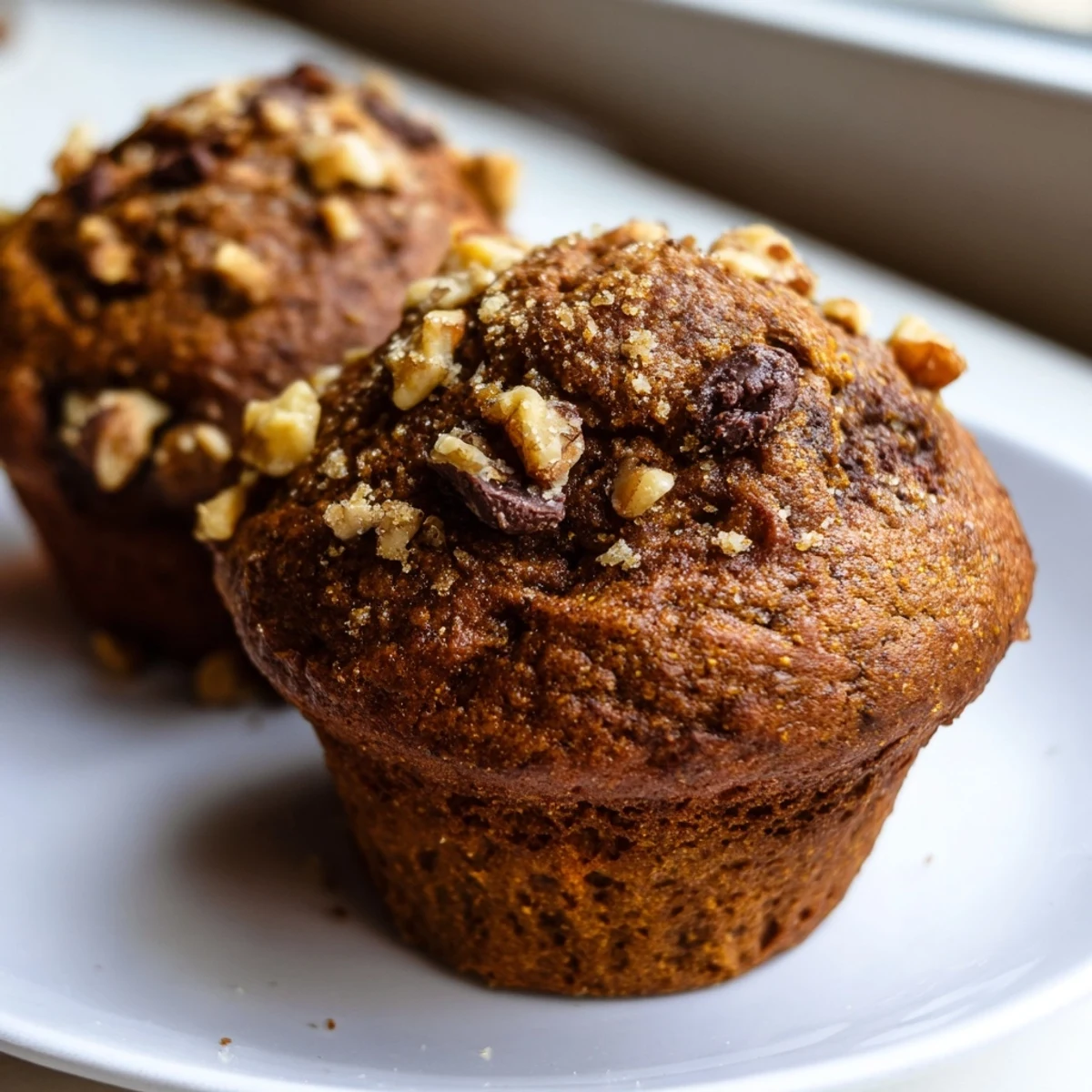 Golden pumpkin banana muffins topped with chopped walnuts on a rustic wooden board