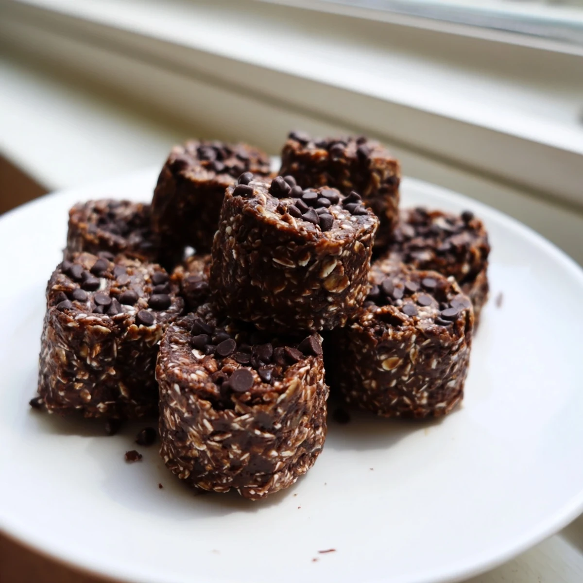 Rich chocolate no bake brownie bites stacked on a decorative serving platter for parties.