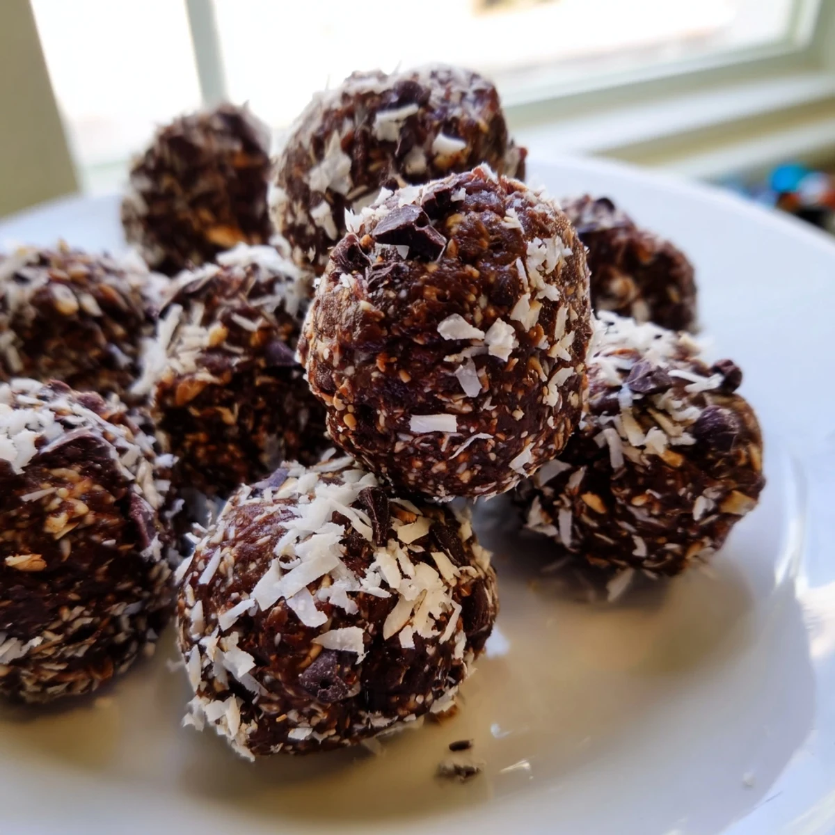 Fudgy no bake brownie bites rolled in coconut and chopped nuts on a white plate.