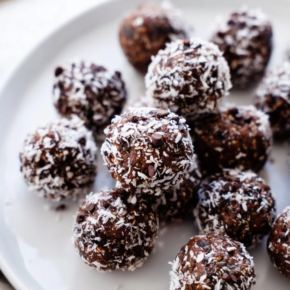 Close-up of fudgy no bake brownie bites topped with mini chocolate chips and shredded coconut.
