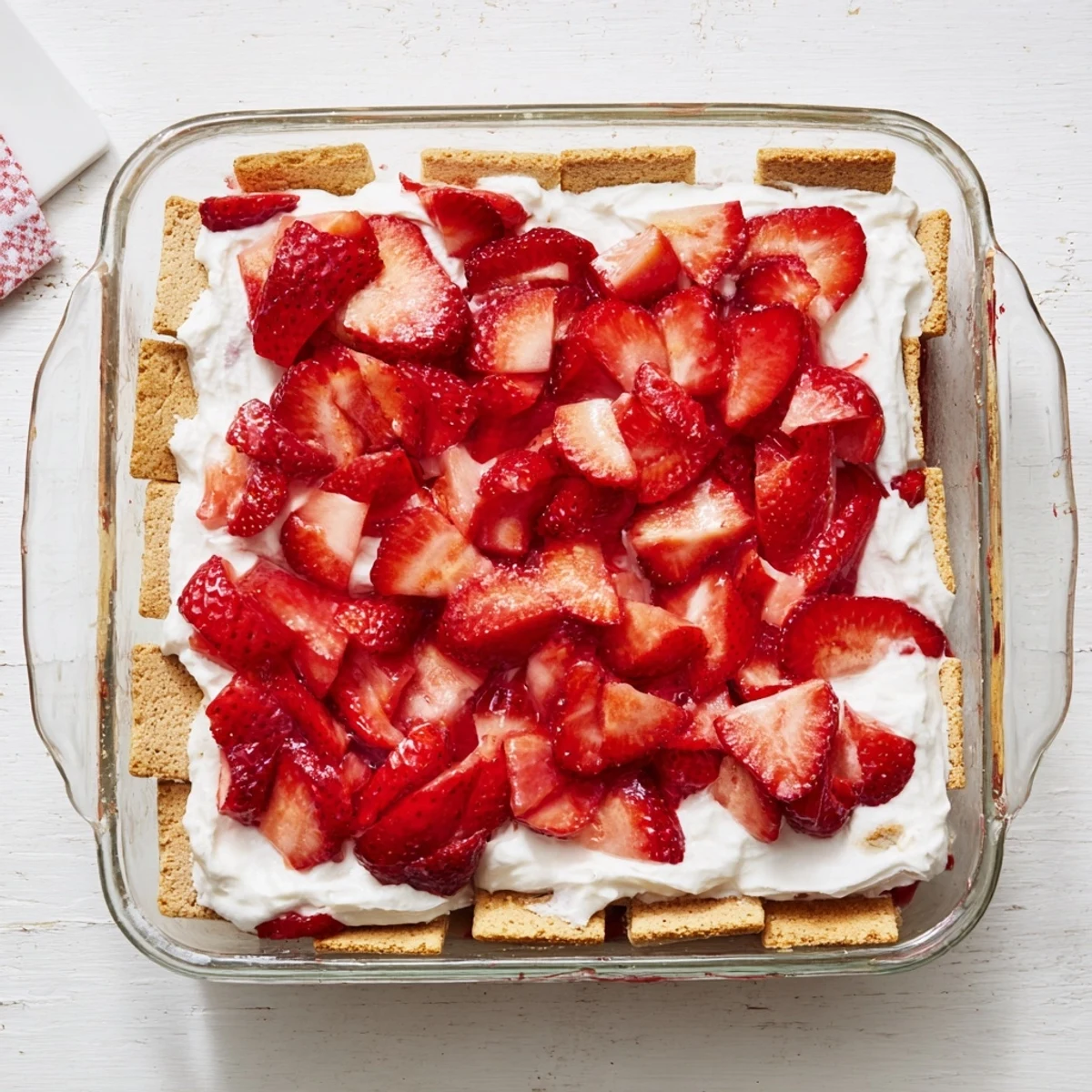 Layers of sweetened strawberries and creamy whipped topping over softened shortbread cookies in this no bake strawberry shortcake dessert