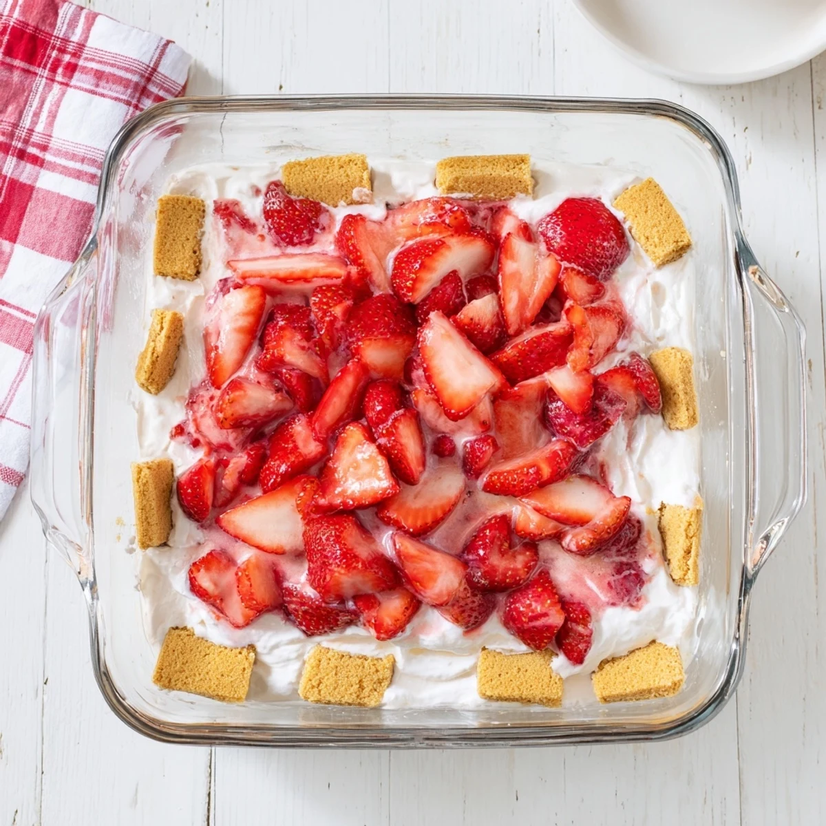 Square glass dish showing stacked red berry slices and white cream filling creating this easy no bake strawberry shortcake dessert