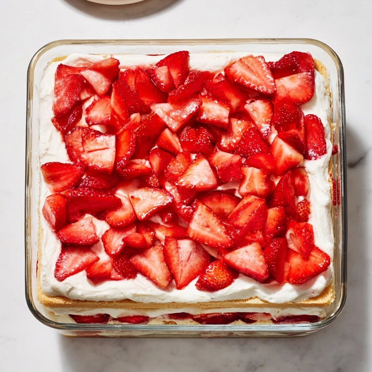 Chilled slice revealing juicy macerated strawberries and fluffy cream cheese layers throughout this luscious no bake strawberry shortcake dessert