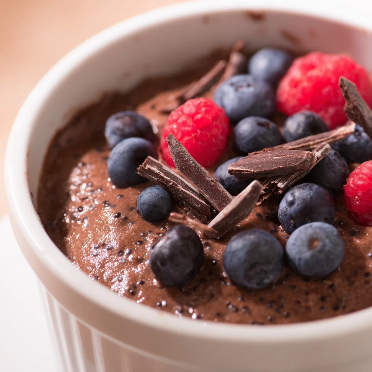 Creamy chocolate flaxseed pudding topped with fresh berries and shaved dark chocolate in a glass serving dish