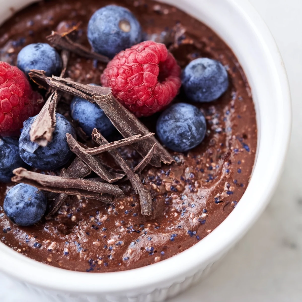 Rich chocolate flaxseed pudding dessert sprinkled with chopped nuts and coconut whipped cream for a healthy treat