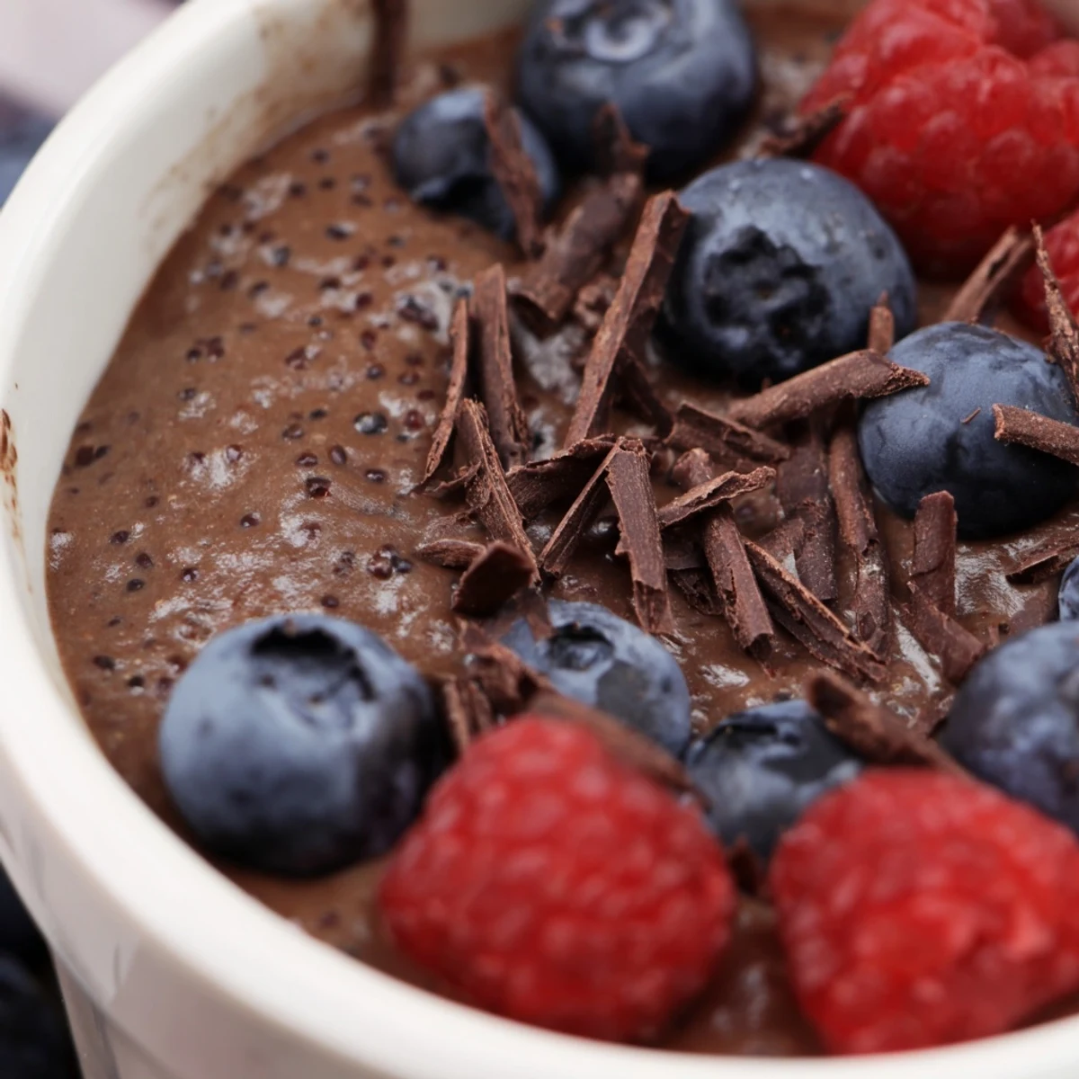 Thick chocolate flaxseed pudding garnished with vibrant red berries and dark chocolate shavings on a wooden table