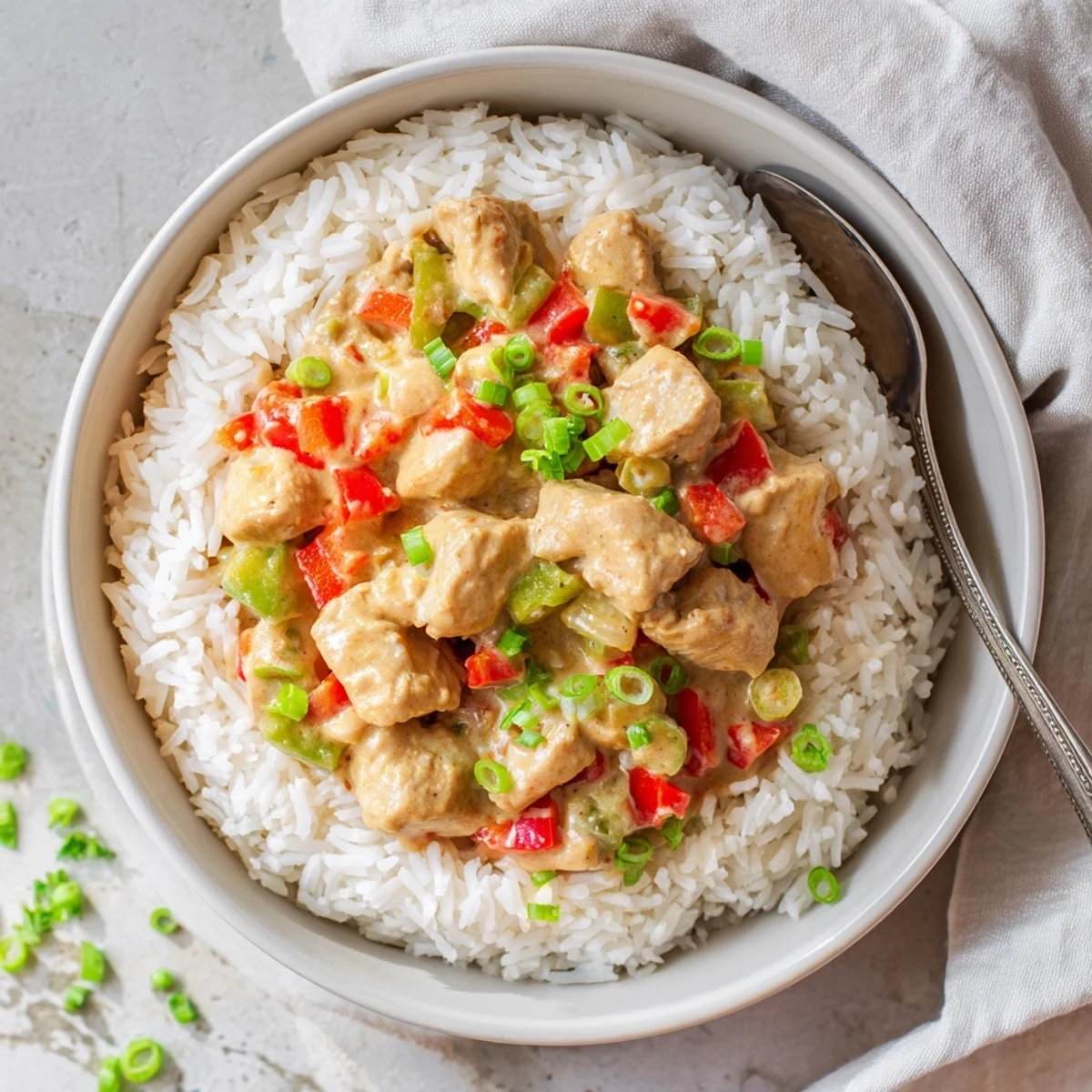 Golden chicken pieces coated in a spicy creamy sauce with colorful bell peppers served over fluffy white rice