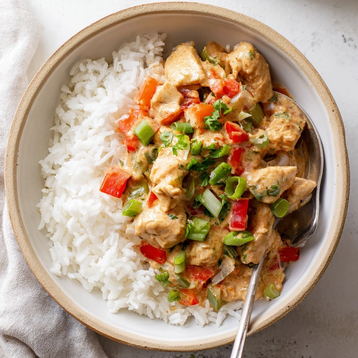 Creamy Cajun chicken rice bowl topped with tender spiced chicken, roasted vegetables, and fresh green onion garnish