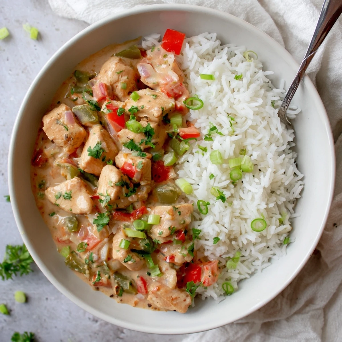 Vibrant bowl featuring Cajun-spiced chicken swimming in a rich cream sauce alongside red and green pepper pieces over rice