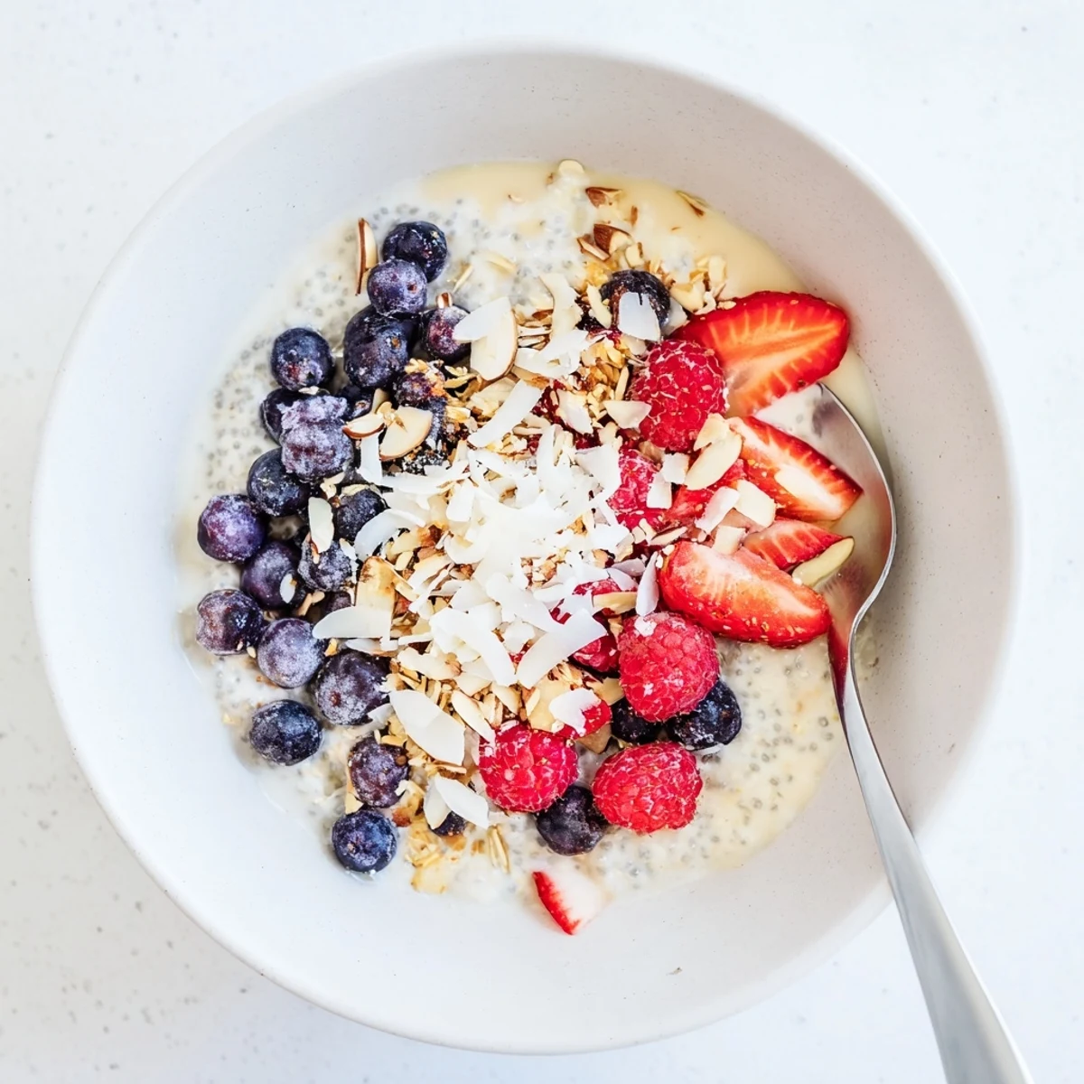 Creamy chia pudding recipes topped with fresh berries and coconut in glass jars