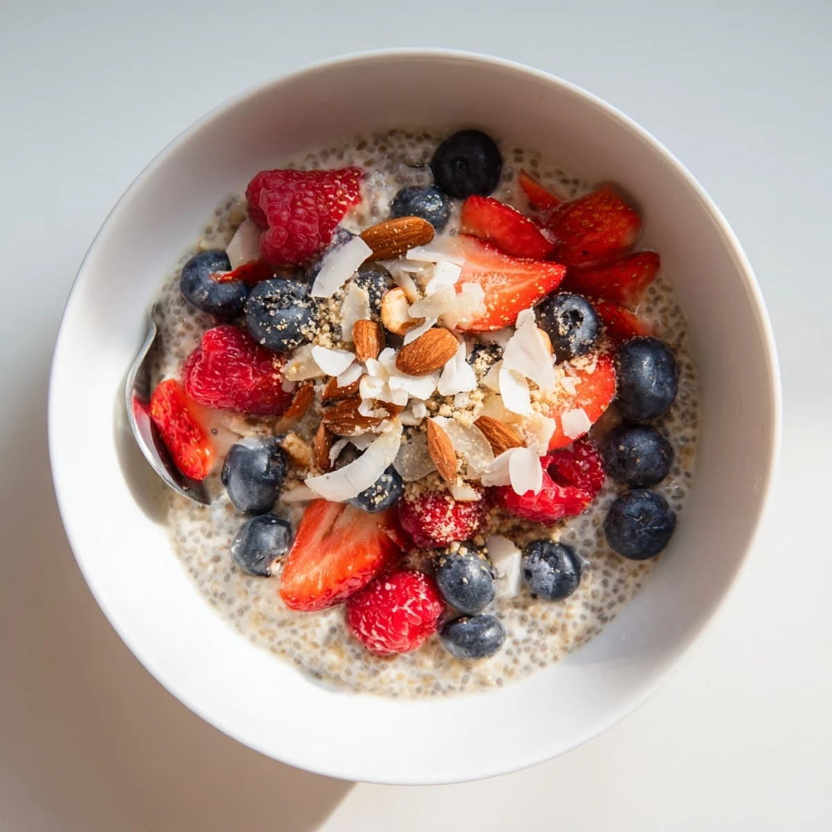 Vegan chia pudding recipes with chocolate shavings and almond milk ready to serve