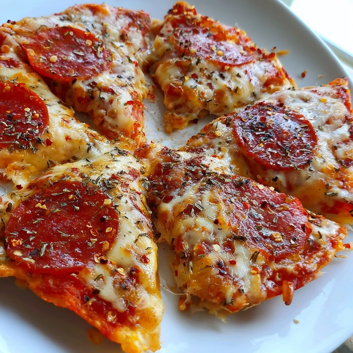 Low-carb pepperoni cheese chips arranged on a white serving plate with optional Italian herb seasoning