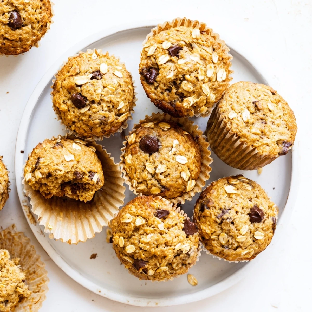 Golden banana oatmeal muffins with a crumbly texture, topped with oats and served on a rustic wire rack