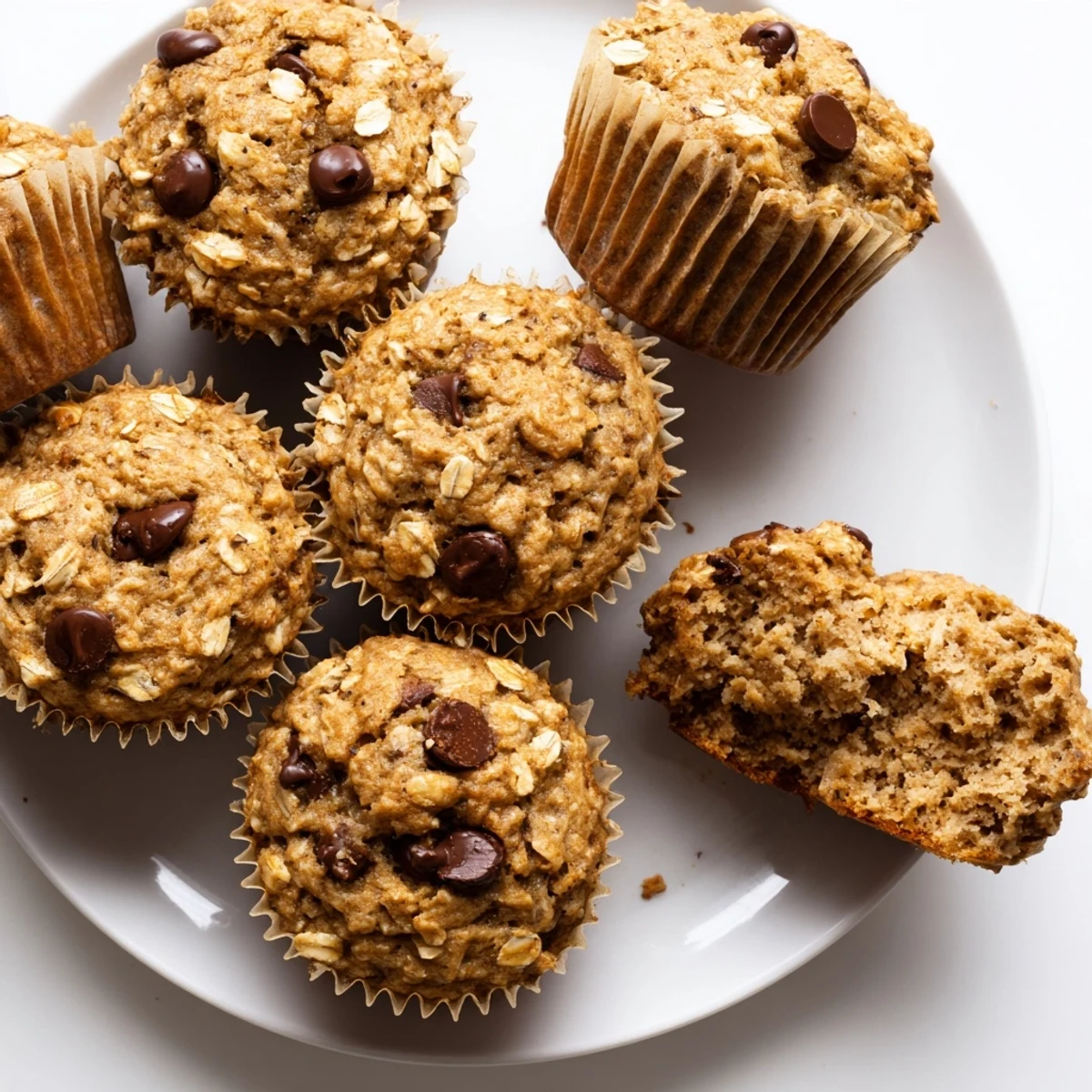 Freshly baked banana oatmeal muffins cooling in a lined muffin tin, their golden domes speckled with rolled oats
