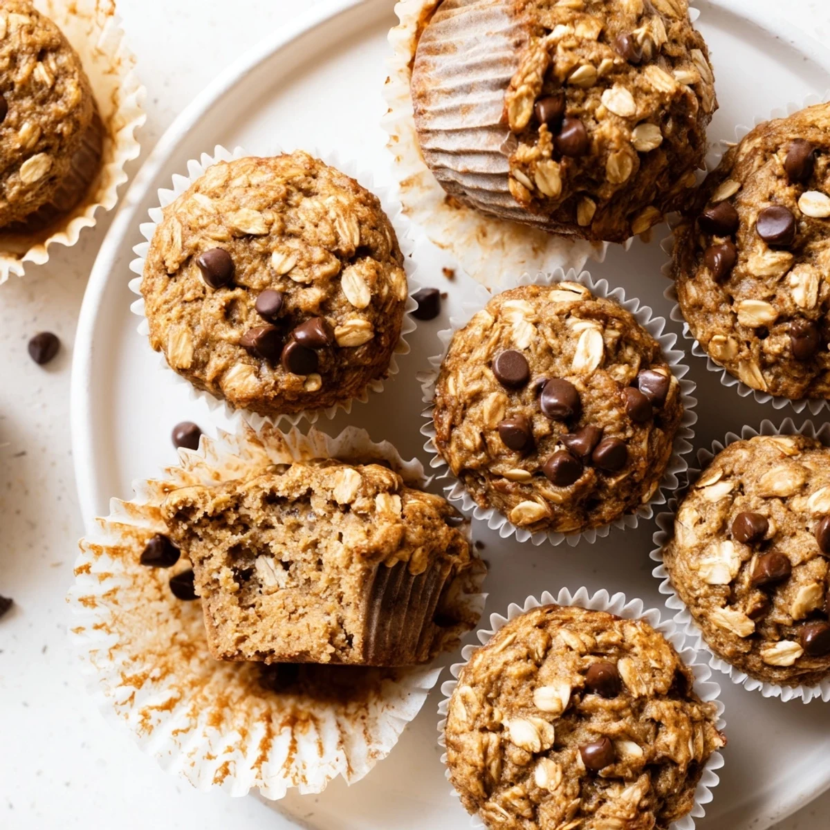 A stack of moist banana oatmeal muffins sprinkled with cinnamon, perfect for a healthy breakfast or snack
