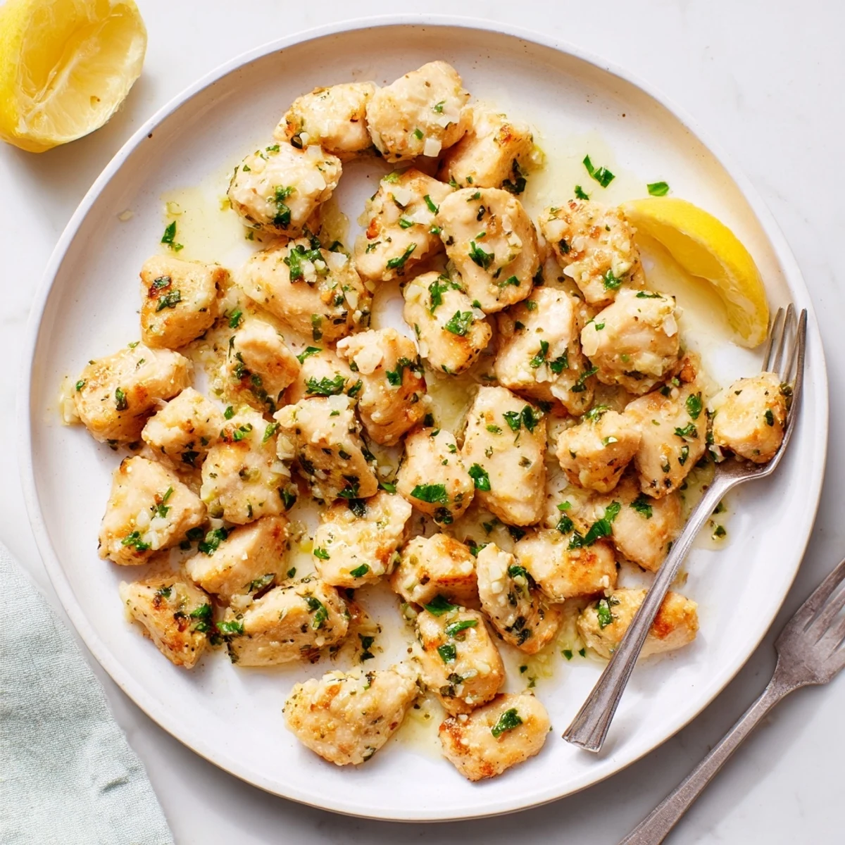 Golden garlic butter chicken bites glistening in a rich buttery sauce with fresh parsley garnish
