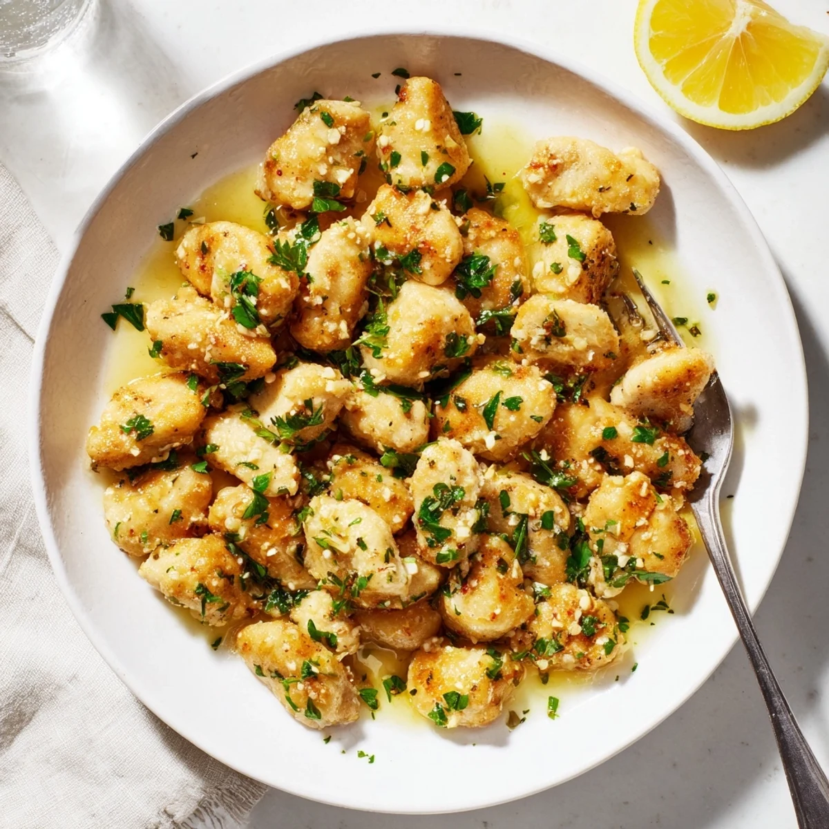 Juicy chicken bites sautéed to golden perfection swimming in aromatic melted garlic butter with herbs