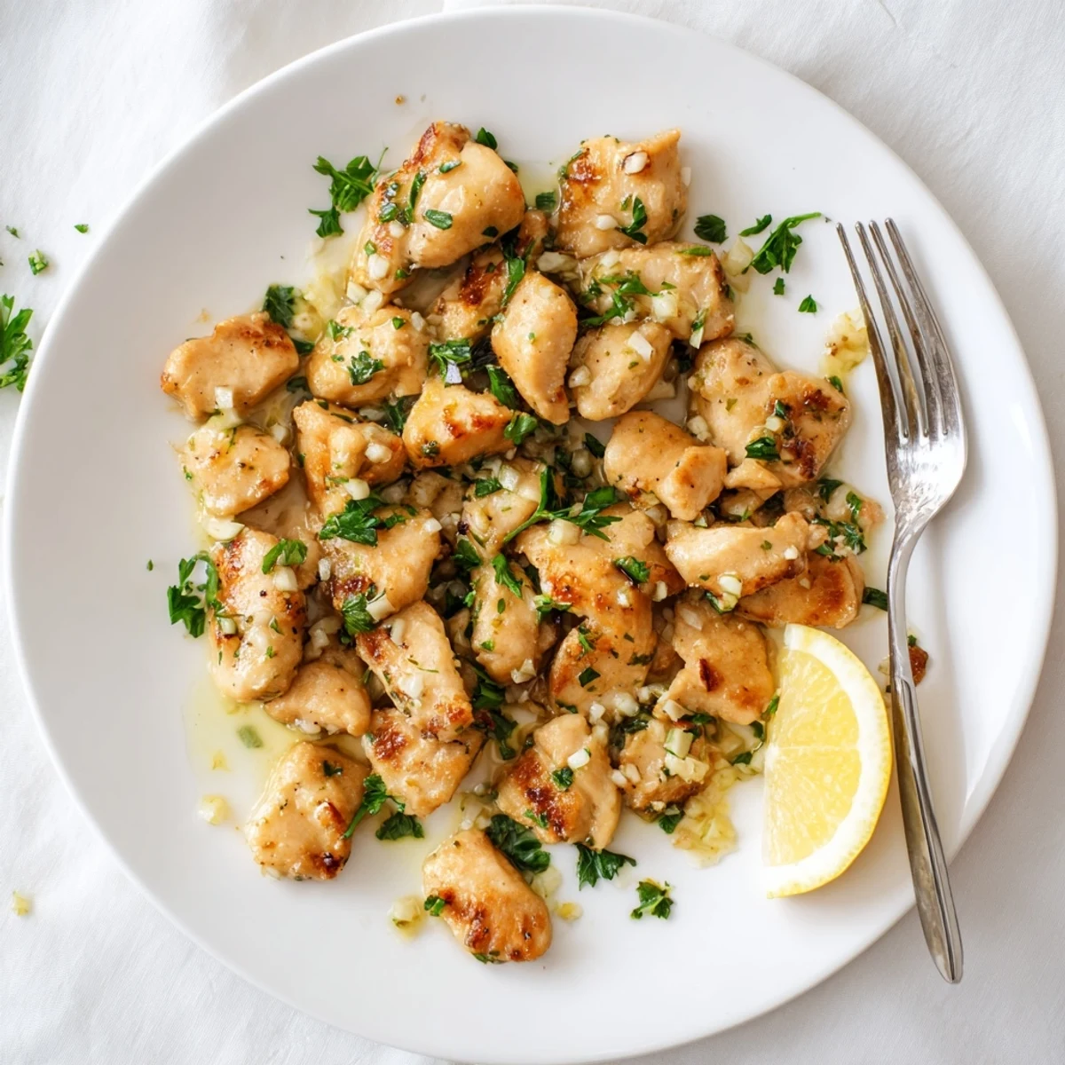 Tender pan-seared chicken pieces coated in savory garlic butter sauce served on a white plate