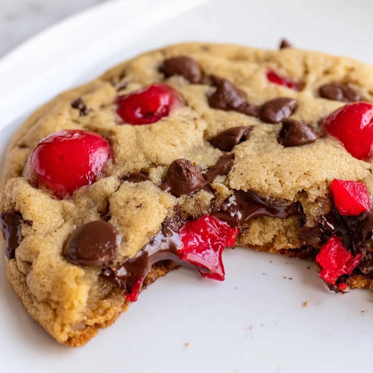 Freshly baked maraschino cherry chocolate chip cookies cooling on wire rack with chewy texture visible