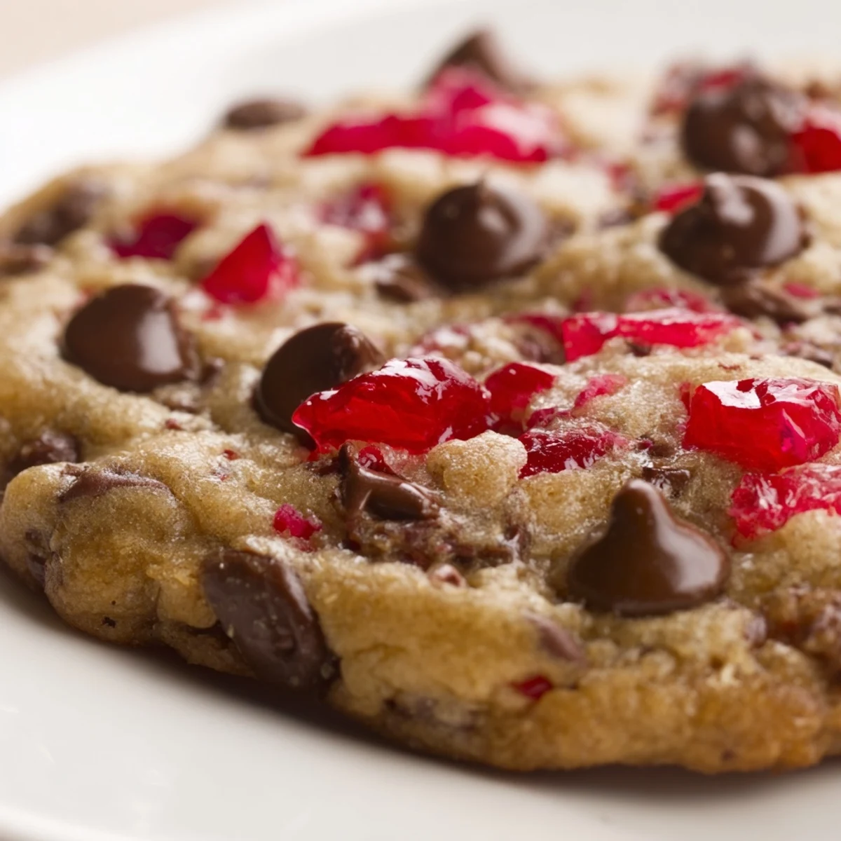 Stack of homemade maraschino cherry chocolate chip cookies featuring sweet cherries and rich chocolate chunks