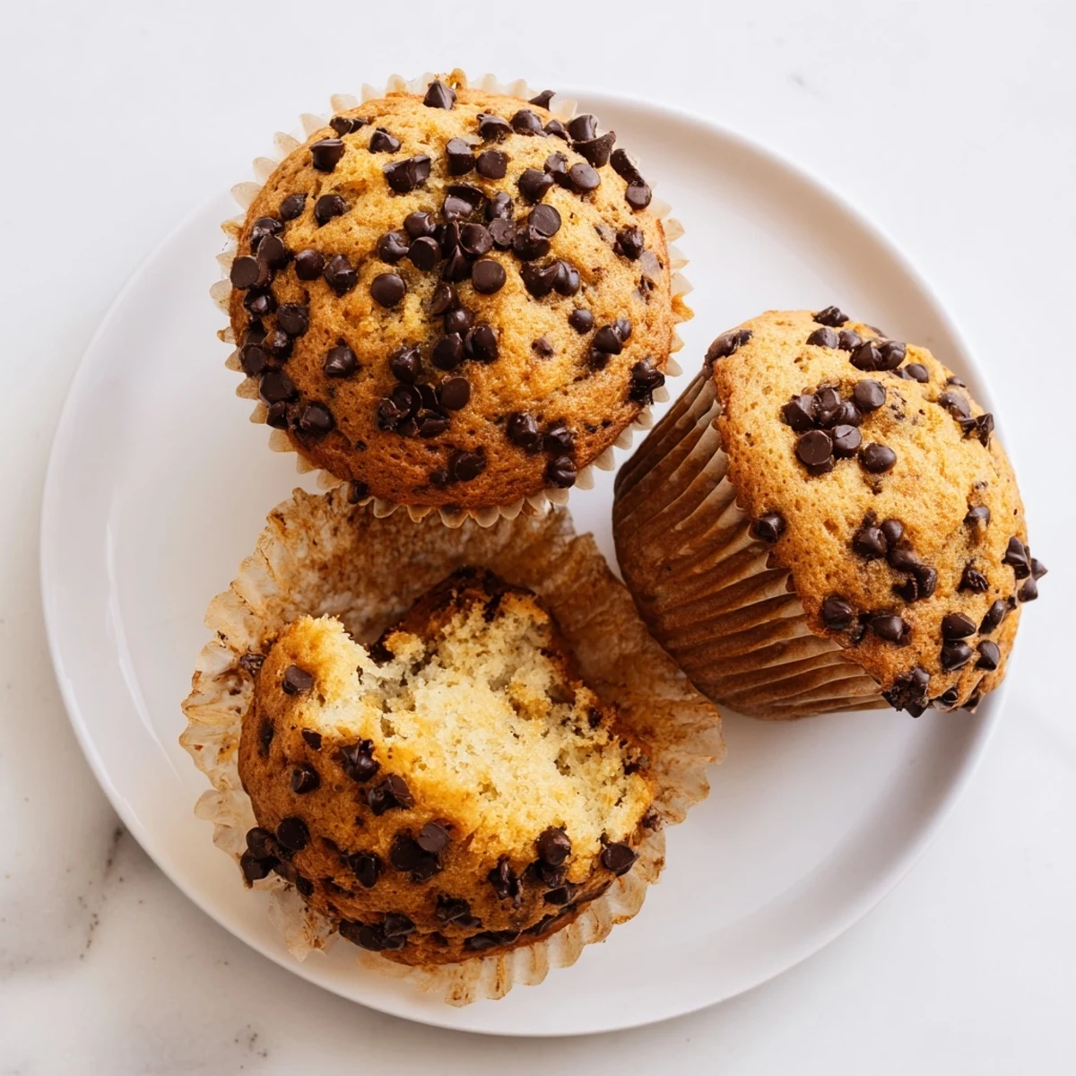 Golden banana chocolate chip muffins with melty chocolate chunks on top, freshly baked