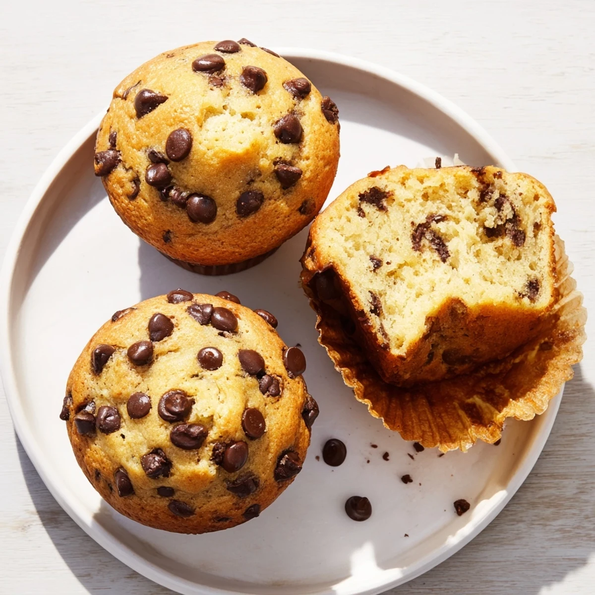 Fluffy moist banana muffins bursting with semi-sweet chocolate chips in a paper liner
