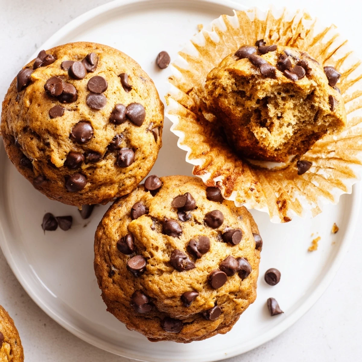 Homemade banana chocolate chip muffins cooling on a wire rack, golden brown and ready to serve